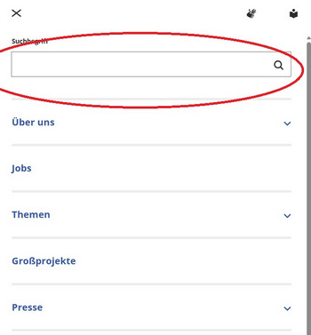 Ausschnitt Webseite Suche im Seitenmenü eingekreist